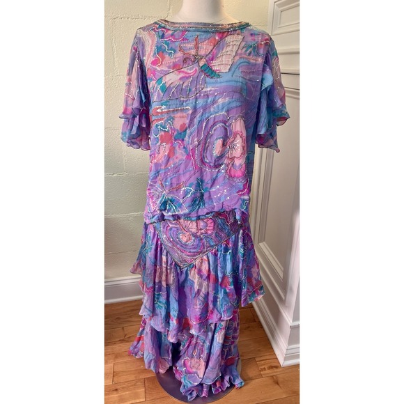 Dresses & Skirts - Vtg 80s Judith Ann Creations Butterfly 100% Silk Sequin‎ Skirt & Blouse Size L